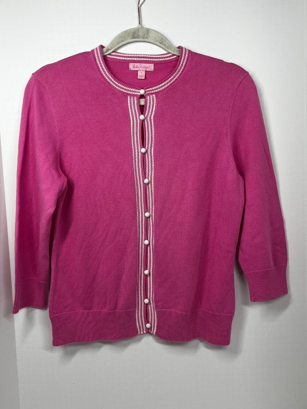 Lilly Pulitzer Pink and White 100% Cotton 3/4 sleeve Button Up Cardigan, Sz. L